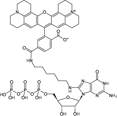 Structural formula of 8-(6-Aminohexyl)-amino-GTP-6-ROX (8-(6-Aminohexyl)-amino-guanosine-5'-triphosphate, labeled with 6-ROX, Triethylammonium salt)