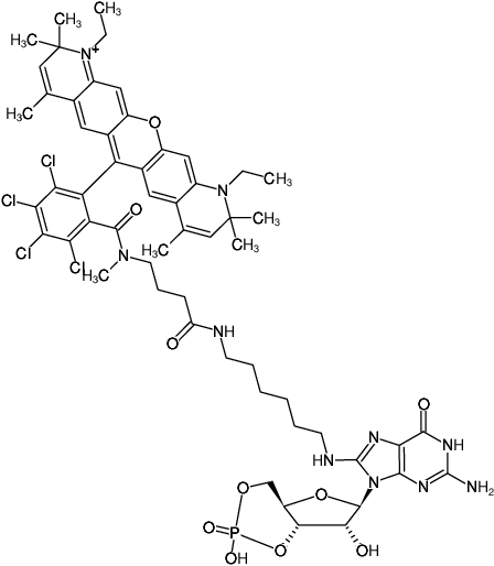 Structural formula of 8-(6-Aminohexyl)-amino-cGMP-ATTO-Rho14 (8-(6-Aminohexyl)-amino-guanosine-3',5'-cyclic monophosphate, labeled with ATTO Rho14, Triethylammonium salt)