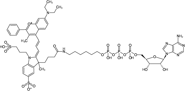 Structural formula of γ-(6-Aminohexyl)-ATP-DYQ-661 (γ-(6-Aminohexyl)-adenosine-5'-triphosphate, labeled with DYQ 661, Triethylammonium salt)