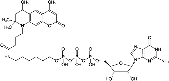 Structural formula of γ-(6-Aminohexyl)-GTP-ATTO-390 (γ-(6-Aminohexyl)-guanosine-5'-triphosphate, labeled with ATTO 390, Triethylammonium salt)