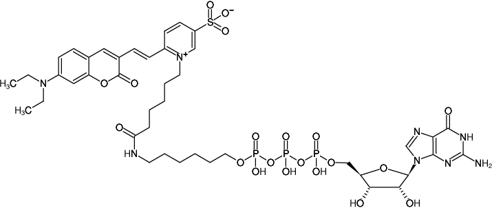 Structural formula of γ-(6-Aminohexyl)-GTP-DY-480XL (γ-(6-Aminohexyl)-guanosine-5'-triphosphate, labeled with DY 480XL, Triethylammonium salt)