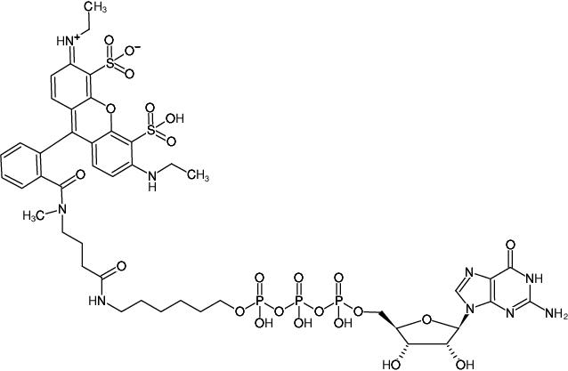 Structural formula of γ-(6-Aminohexyl)-GTP-ATTO-532 (γ-(6-Aminohexyl)-guanosine-5'-triphosphate, labeled with ATTO 532, Triethylammonium salt)