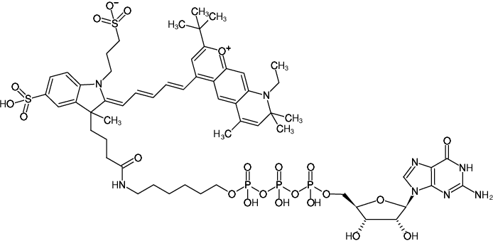 Structural formula of γ-(6-Aminohexyl)-GTP-DY-751 (γ-(6-Aminohexyl)-guanosine-5'-triphosphate, labeled with DY 751, Triethylammonium salt)