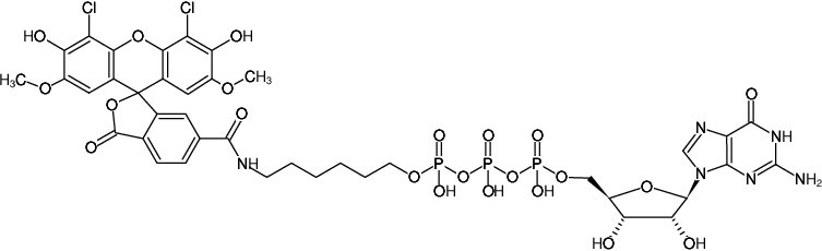 Structural formula of γ-(6-Aminohexyl)-GTP-6-JOE (γ-(6-Aminohexyl)-guanosine-5'-triphosphate, labeled with 6-JOE, Triethylammonium salt)