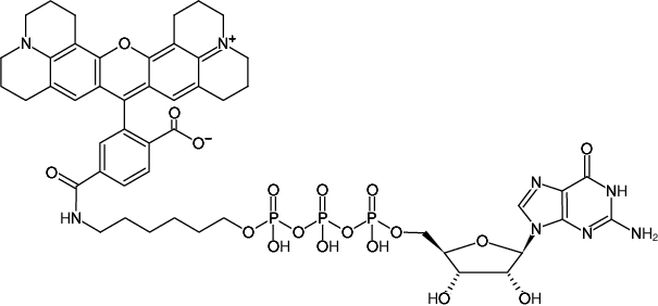 Structural formula of γ-(6-Aminohexyl)-GTP-6-ROX (γ-(6-Aminohexyl)-guanosine-5'-triphosphate, labeled with 6-ROX, Triethylammonium salt)