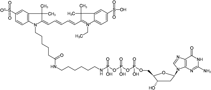 Structural formula of γ-[(6-Aminohexyl)-imido]-dGTP-Cy5 (γ-[(6-Aminohexyl)-imido]-2'-deoxyguanosine-5'-triphosphate, labeled with Cy5, Triethylammonium salt)