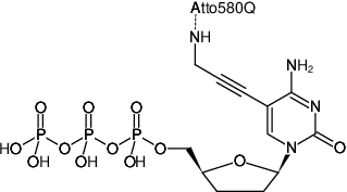 Structural formula of 5-Propargylamino-ddCTP-ATTO-580Q (5-Propargylamino-2',3'-dideoxycytidine-5'-triphosphate, labeled with ATTO 580Q, Triethylammonium salt)