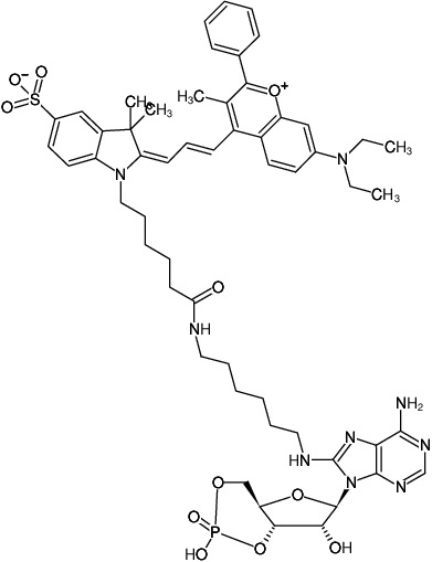 Structural formula of 8-(6-Aminohexyl)-amino-cAMP-DYQ-660 (8-(6-Aminohexyl)-amino-adenosine-3',5'-cyclic monophosphate, labeled with DYQ 660, Triethylammonium salt)