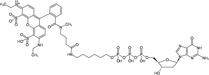 Structural formula of γ-(6-Aminohexyl)-dGTP-ATTO-532 (γ-(6-Aminohexyl)-2'-deoxyguanosine-5'-triphosphate, labeled with ATTO-532, Triethylammonium salt)