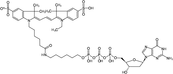 Structural formula of γ-(6-Aminohexyl)-dGTP-Cy3 (γ-(6-Aminohexyl)-2'-deoxyguanosine-5'-triphosphate, labeled with Cy3, Triethylammonium salt)