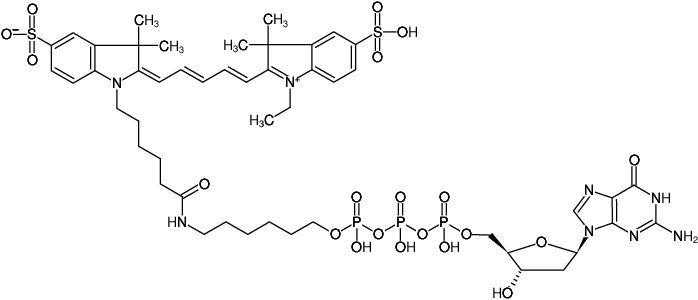 Structural formula of γ-(6-Aminohexyl)-dGTP-Cy5 (γ-(6-Aminohexyl)-2'-deoxyguanosine-5'-triphosphate, labeled with Cy5, Triethylammonium salt)